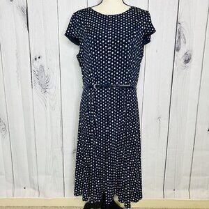 Laura Jeffries Dress Womens Sz 16 Shift Navy Blue Cap Sleeve Belted Geometric